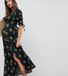 Asos Design Maternity City Maxi Tea Dress With Split In Black Floral - Multi