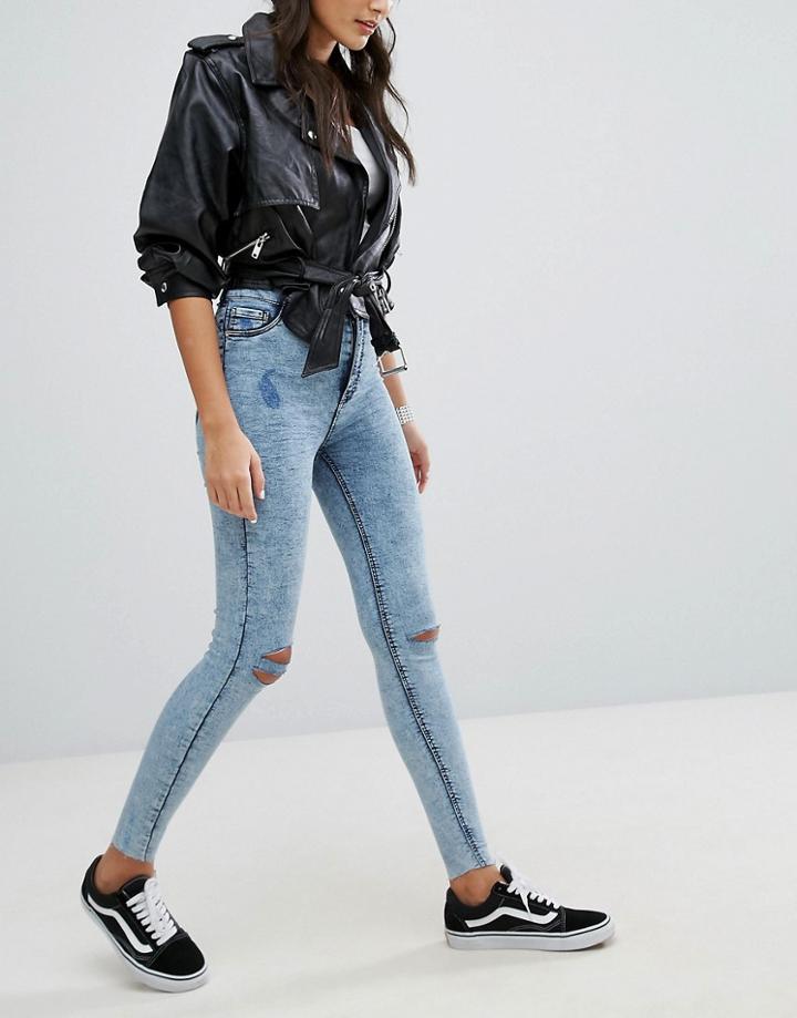 Bershka Acid Wash Skinny Jean With Ripped Knee - Blue