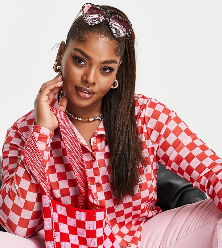 Collusion Plus Checked Mesh Shruken Shirt In Red