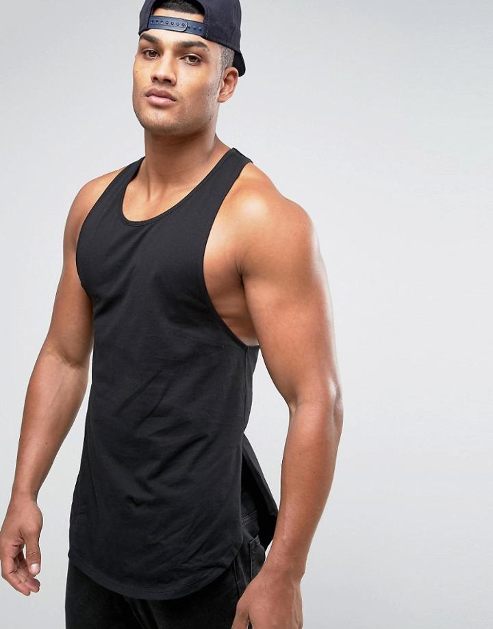 Asos Super Longline Tank With Step Hem And Extreme Racer Back In Black