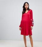Bluebelle Maternity V Neck Dress With Floral Sleeve Detail In Raspberry-red
