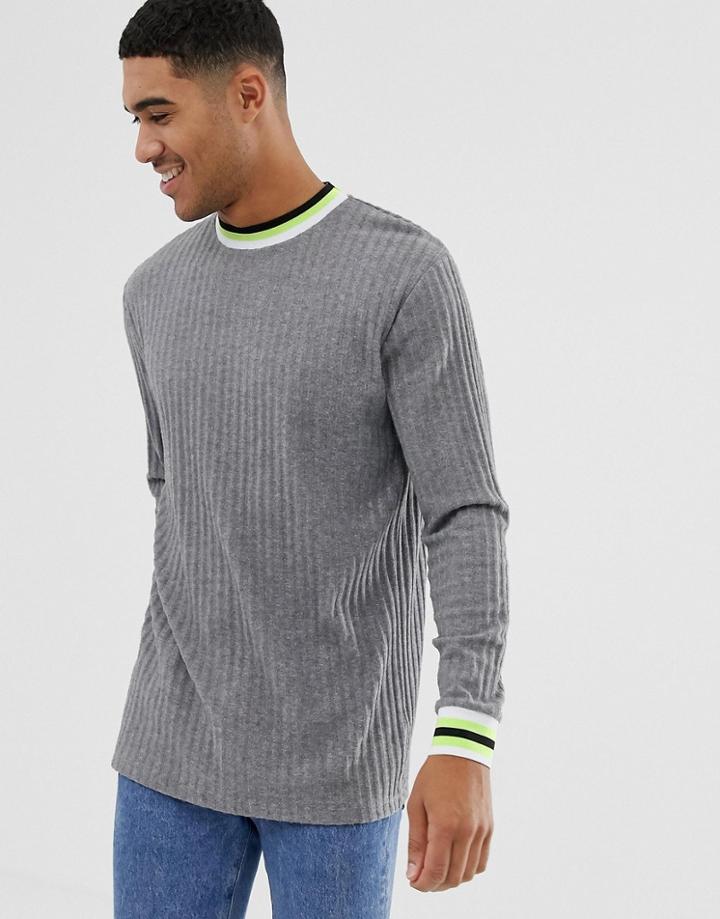 Asos Design Relaxed Longline Long Sleeve T-shirt In Interest Rib With Contrast Neon Tipping - Gray