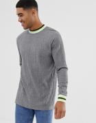 Asos Design Relaxed Longline Long Sleeve T-shirt In Interest Rib With Contrast Neon Tipping - Gray
