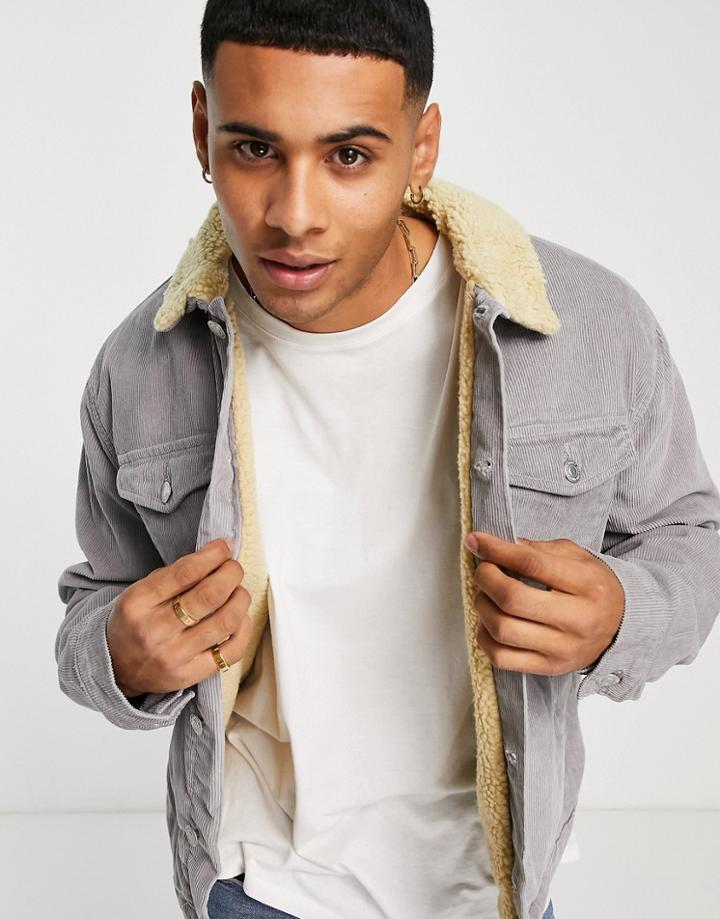 New Look Cord Jacket With Sherpa Collar In Gray-grey