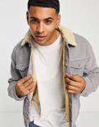 New Look Cord Jacket With Sherpa Collar In Gray-grey