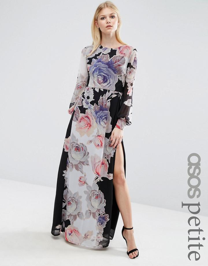 Asos Petite Caftan Sleeved Maxi Dress In Black Floral - Multi