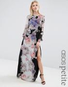 Asos Petite Caftan Sleeved Maxi Dress In Black Floral - Multi