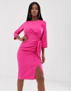 Asos Design Wrap Detail Midi Dress With Long Sleeves - Pink