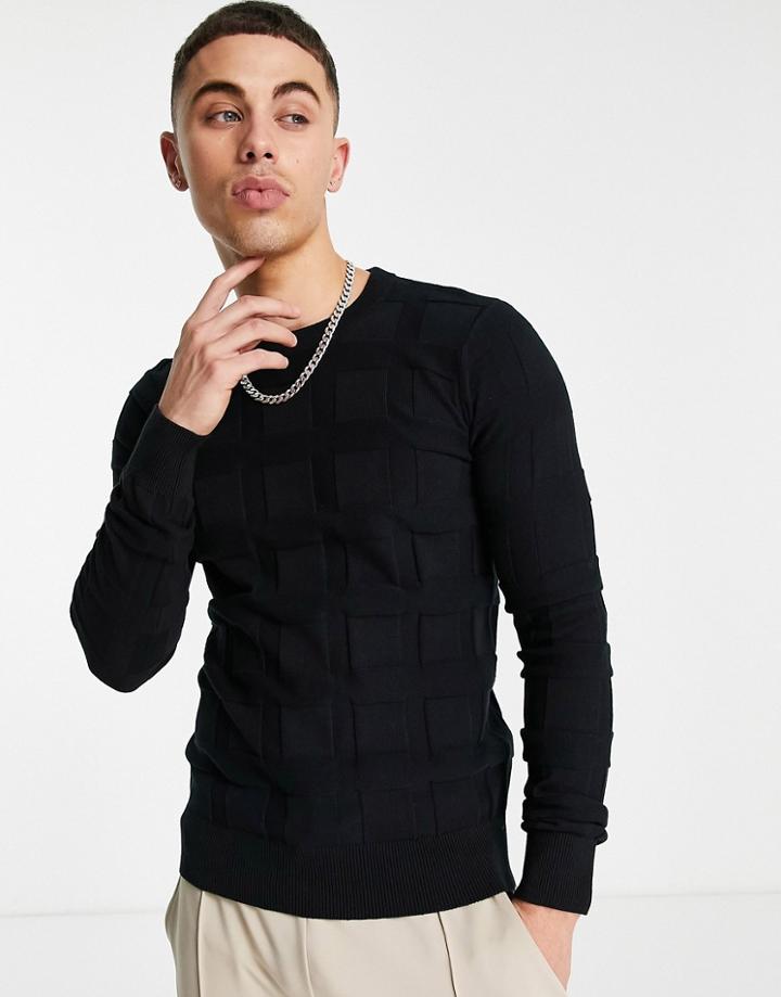 Gianni Feraud Windowpane Jacquard Muscle Fit Crew Neck Sweater-black