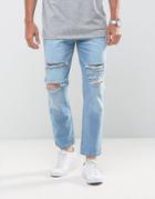 Mennace Tapered Crop Jean With Extreme Rips In Light Blue - Blue