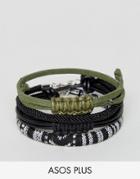 Asos Plus Woven Bracelet Pack In Black With Khaki - Black