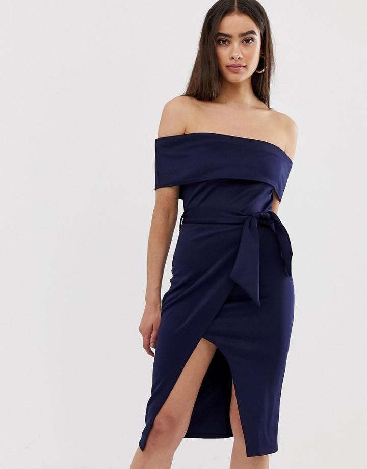 Club L Bardot Belted Midi Dress-navy