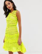 Liquorish Paneled Lace Dress With Ruffle Detail In Neon Yellow