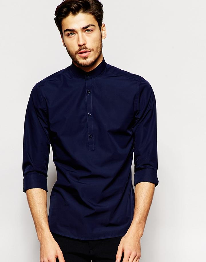 Noak Grandad Shirt With Half Placket In Skinny Fit - Navy