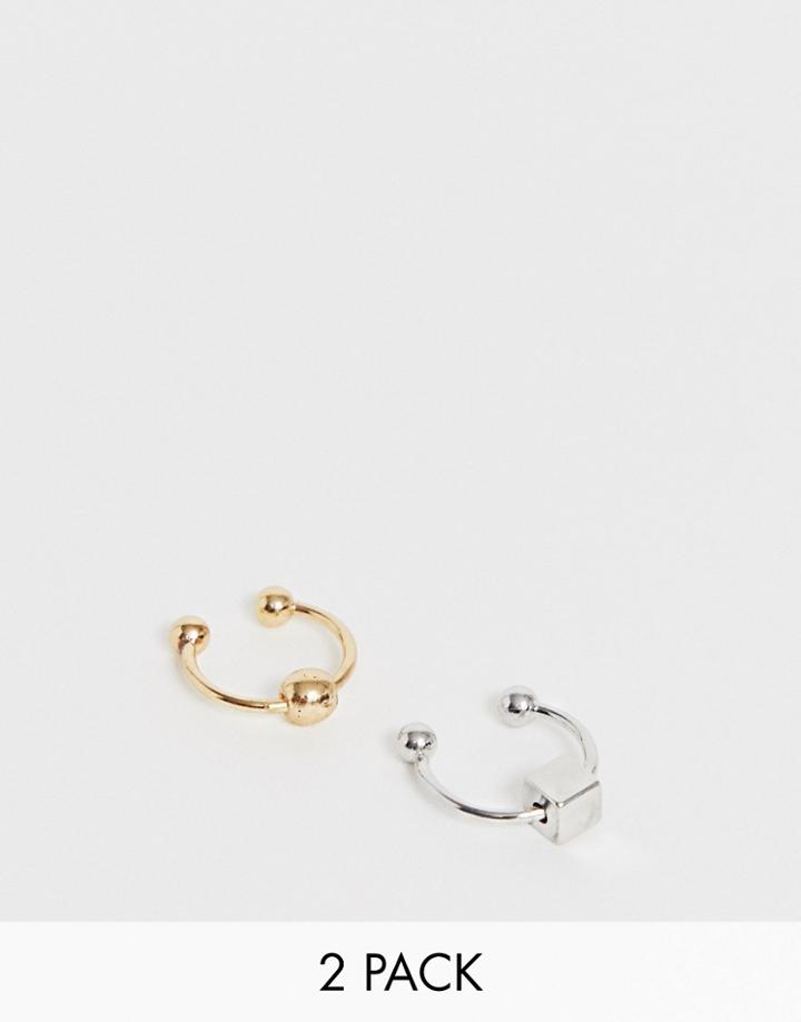 Asos Design Pack Of 2 Ear Cuffs With Disc And Cube Details In Gold Tone-multi