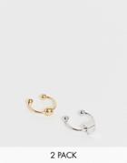 Asos Design Pack Of 2 Ear Cuffs With Disc And Cube Details In Gold Tone-multi