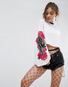 Asos Top With Super Wide Sleeve And Floral Jaguar Print - White