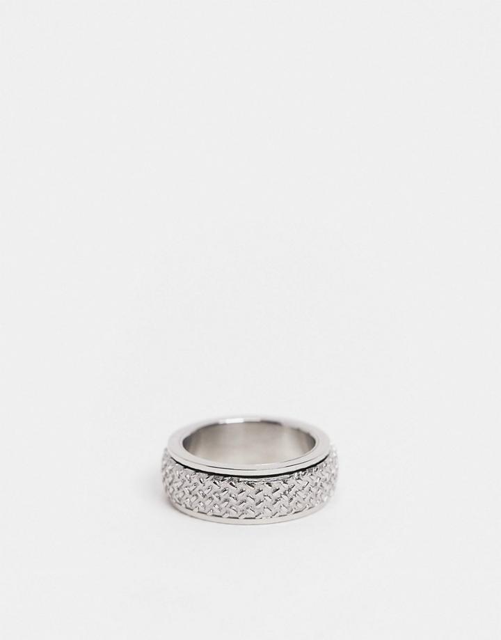 Asos Design Stainless Steel Movement Ring With Textured Band In Silver Tone