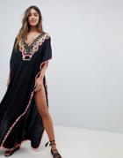 Asos Contrast Statement Embroidered Maxi Caftan - Black