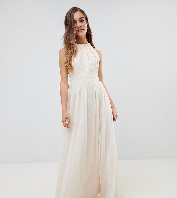 Little Mistress Petite Sequin High Neck Maxi Dress In Cream