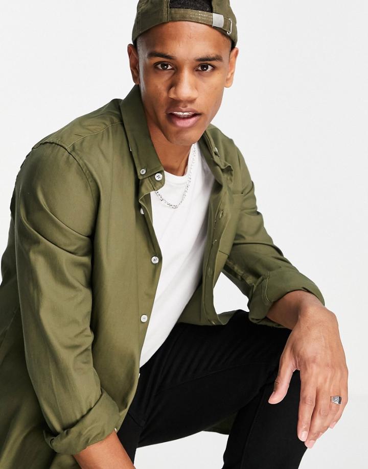 Brave Soul Long Sleeve Cotton Twill Shirt In Khaki-green