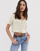 Asos Design Crop Cardi In Natural Yarn With Button Details - Cream
