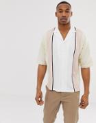 Asos Design Oversized Button Through Revere Polo Shirt With Half Sleeve In Vertical Color Block - Beige
