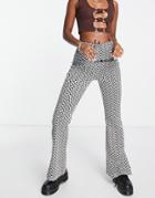 Topshop Highwaisted Bengaline Flared Pants With Side Splits In Checkerboard Print-white
