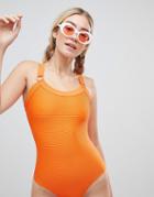 Monki Rib Ring Detail Swimsuit In Orange - Orange