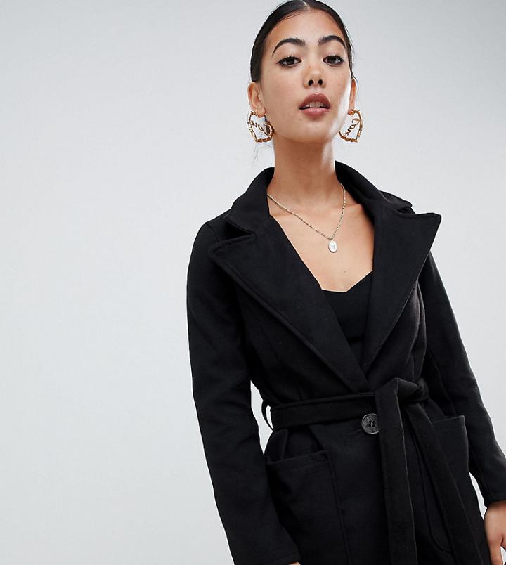 Boohoo Petite Belted Coat In Black - Black