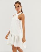 Asos Design Drop Hem Textured Mini Smock Dress-white