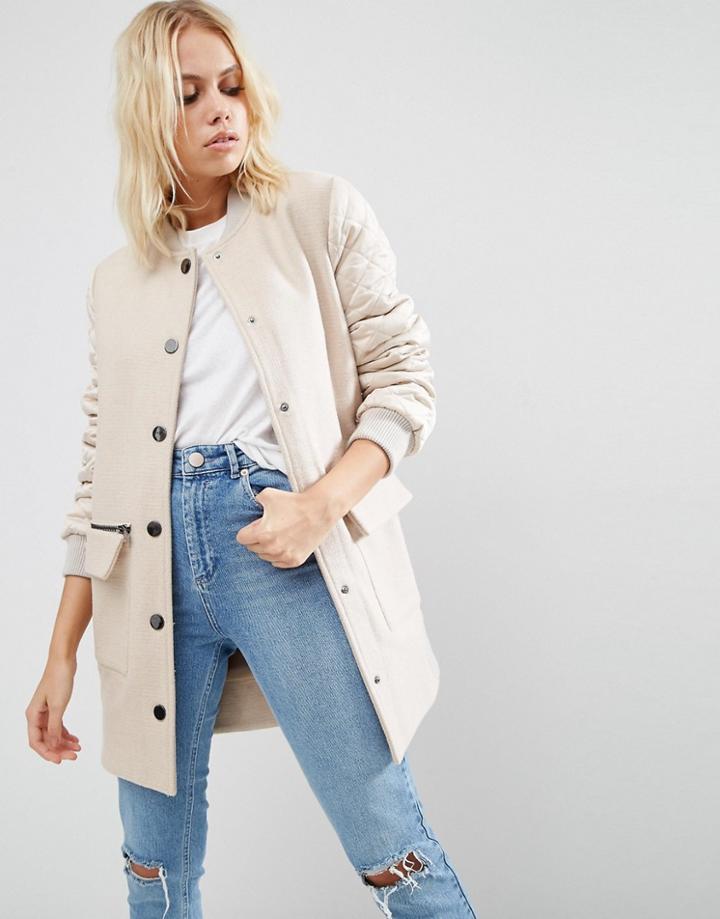 Asos Coat With Quilted Bomber Sleeve - Stone