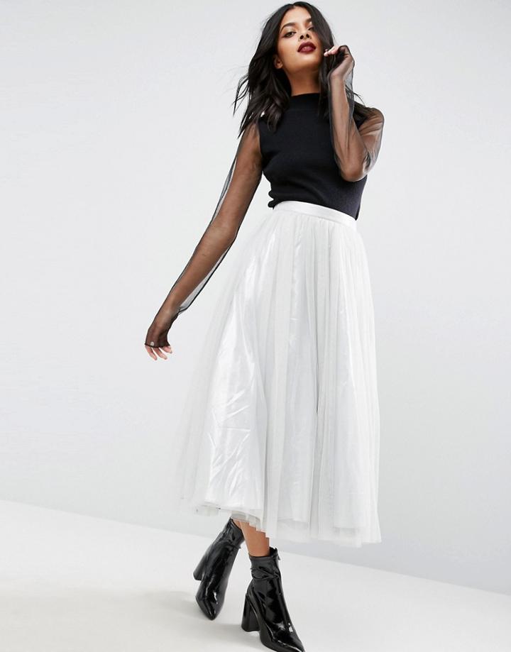 Asos Tulle Midi Skirt With Metallic Underlayer - Silver