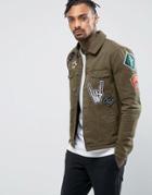 Asos Skinny Denim Jacket With Badges In Khaki - Green