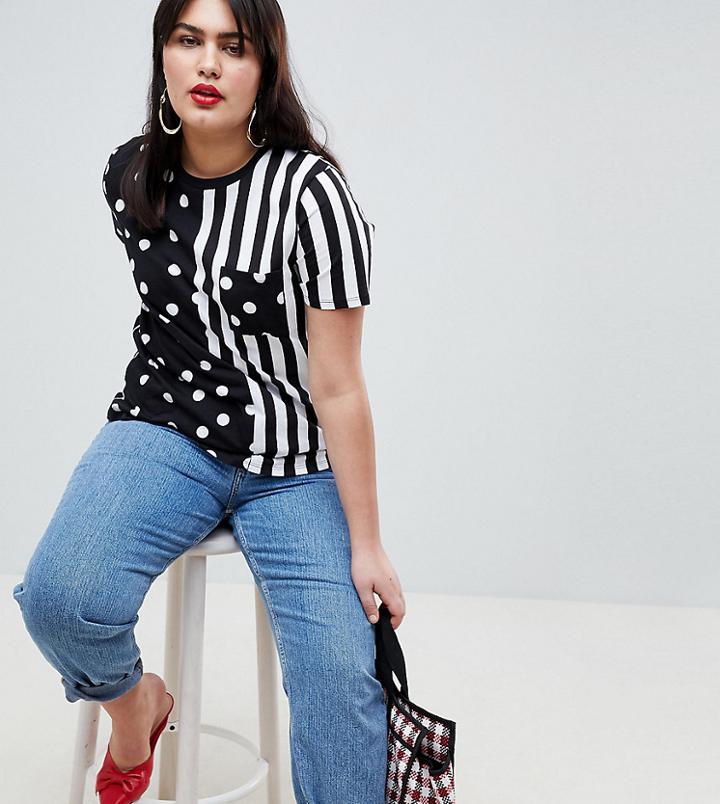 Asos Design Curve T-shirt In Spot & Stripe With Pocket - Multi