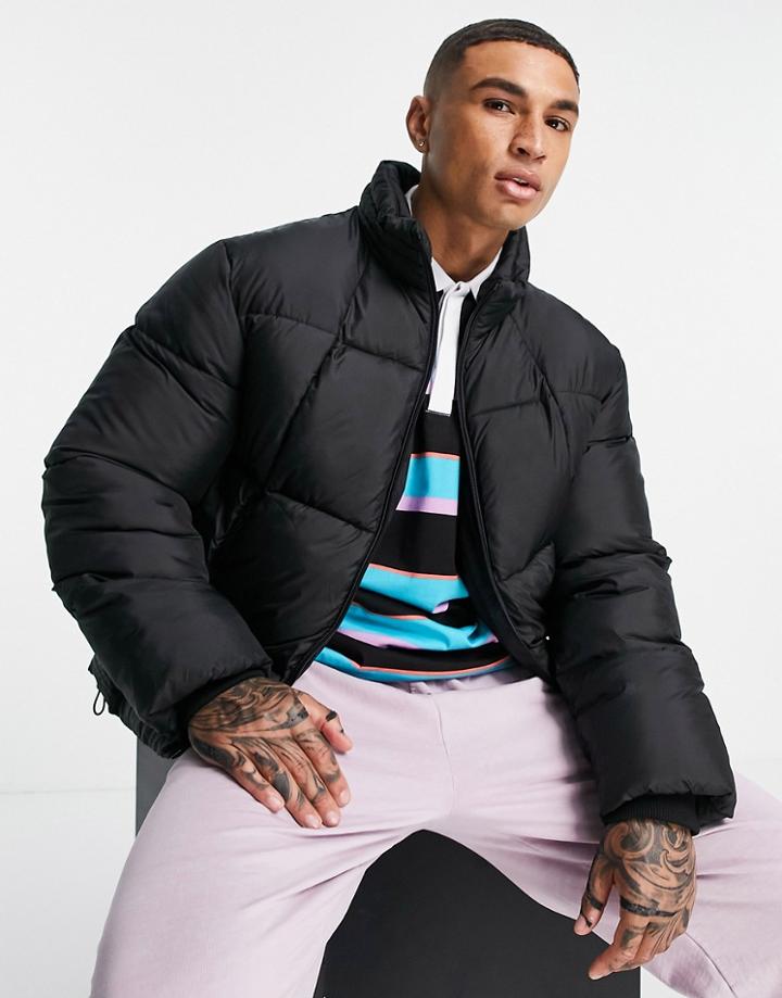 Topman Recycled Cropped Quilted Puffer Jacket In Black