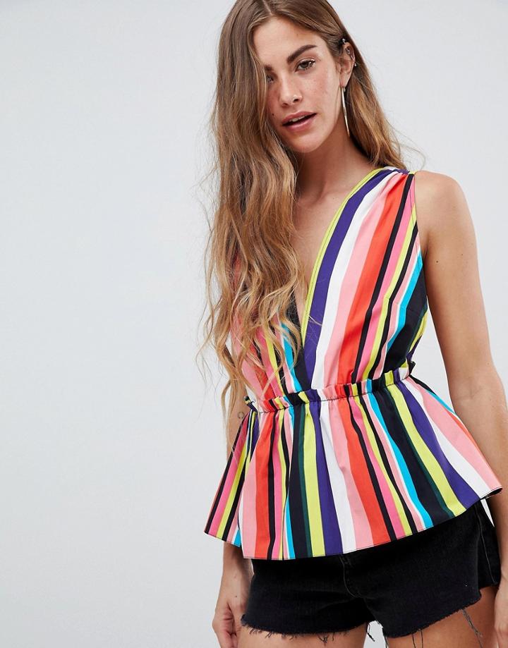 Asos Design Plunge Sun Top In Multi Stripe - Multi
