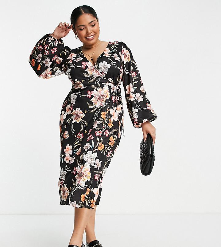 River Island Plus Floral Wrap Midi Dress In Black