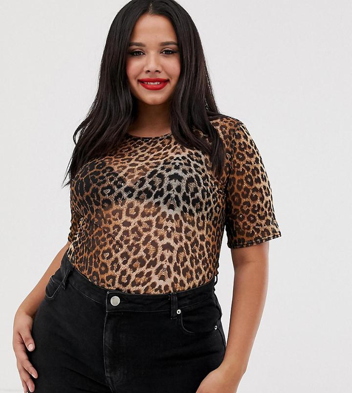 Daisy Street Plus Shrunken T-shirt In Leopard Mesh - Brown