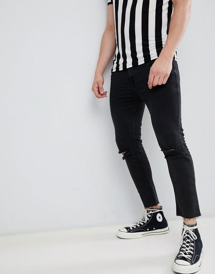 Asos Design Super Skinny Cropped Jeans In Washed Black With Busted Knees - Black