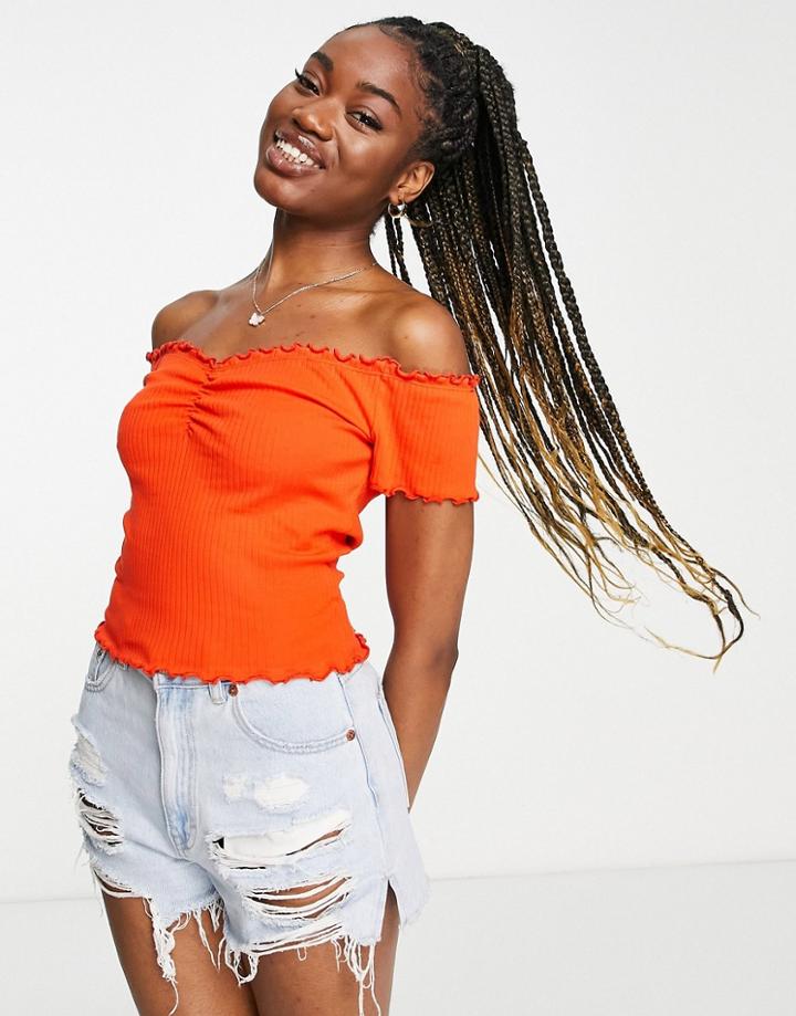 Monki Bardot Top With Lettuce Edge Detail In Red