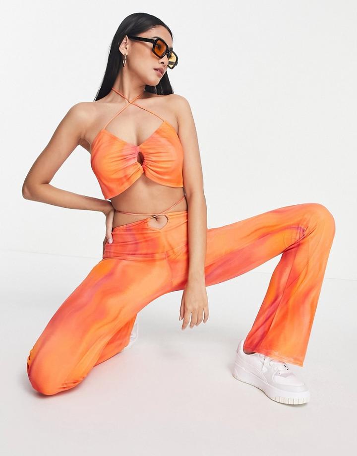 Topshop Mesh Key Hole Flared Pants In Orange Brushed Print - Part Of A Set