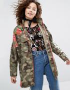 H! By Henry Holland Camo Jacket With Floral Embroidery - Green