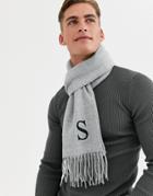 Asos Design Personalized Standard Woven Scarf In Gray With Embroidered S
