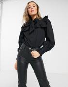 Influence Bow Neck Shirt With Broderie Detail In Black