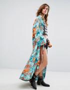 Sacred Hawk Luxe Maxi Kimono In Floral Print - Blue