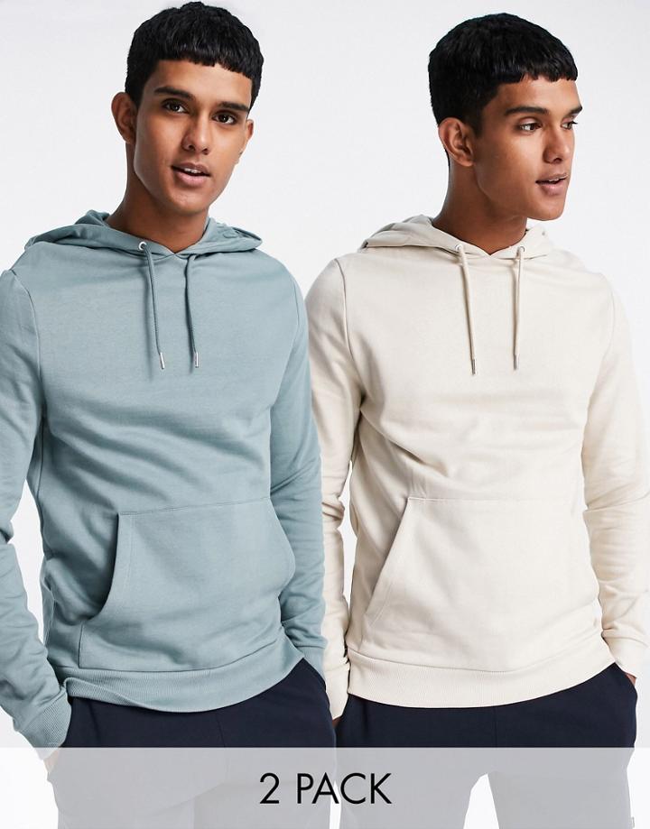 Asos Design Organic Hoodie 2 Pack In Blue/beige-multi