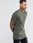 Asos Longline Muscle T-shirt With Side Zips In Green - Green