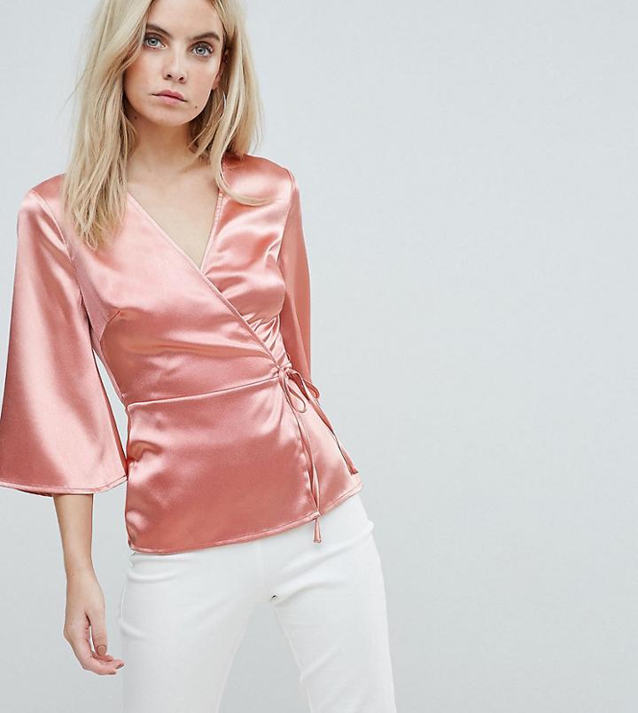 Fashion Union Petite Wrap Blouse In Satin - Orange