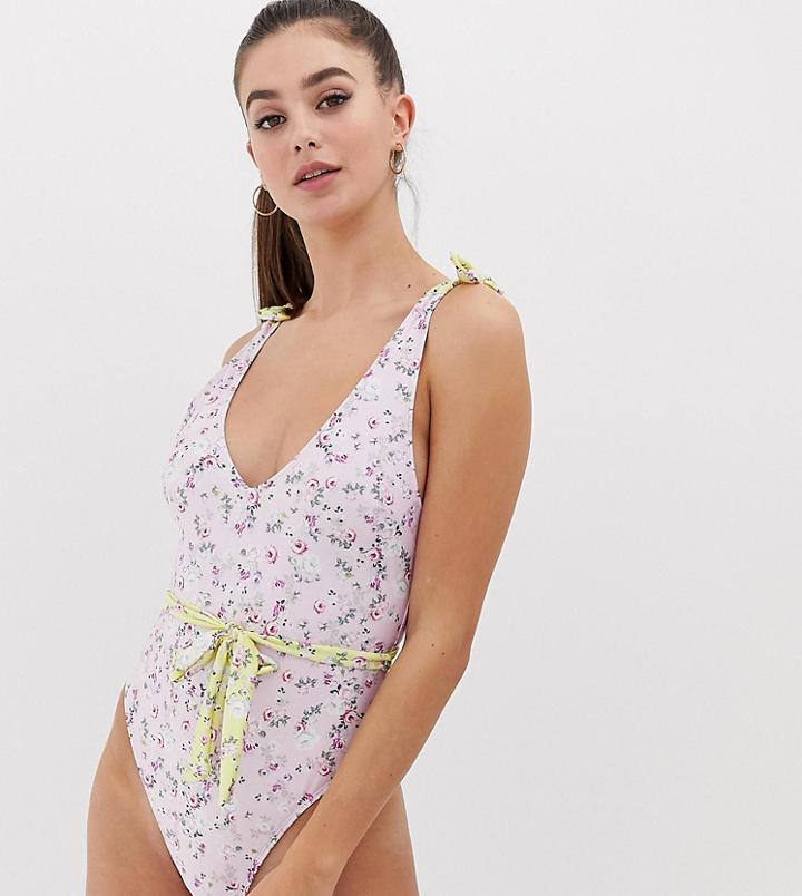 Asos Design Tall Recycled Tie Shoulder Belted Swimsuit In Pretty Pastel Floral Print - Multi